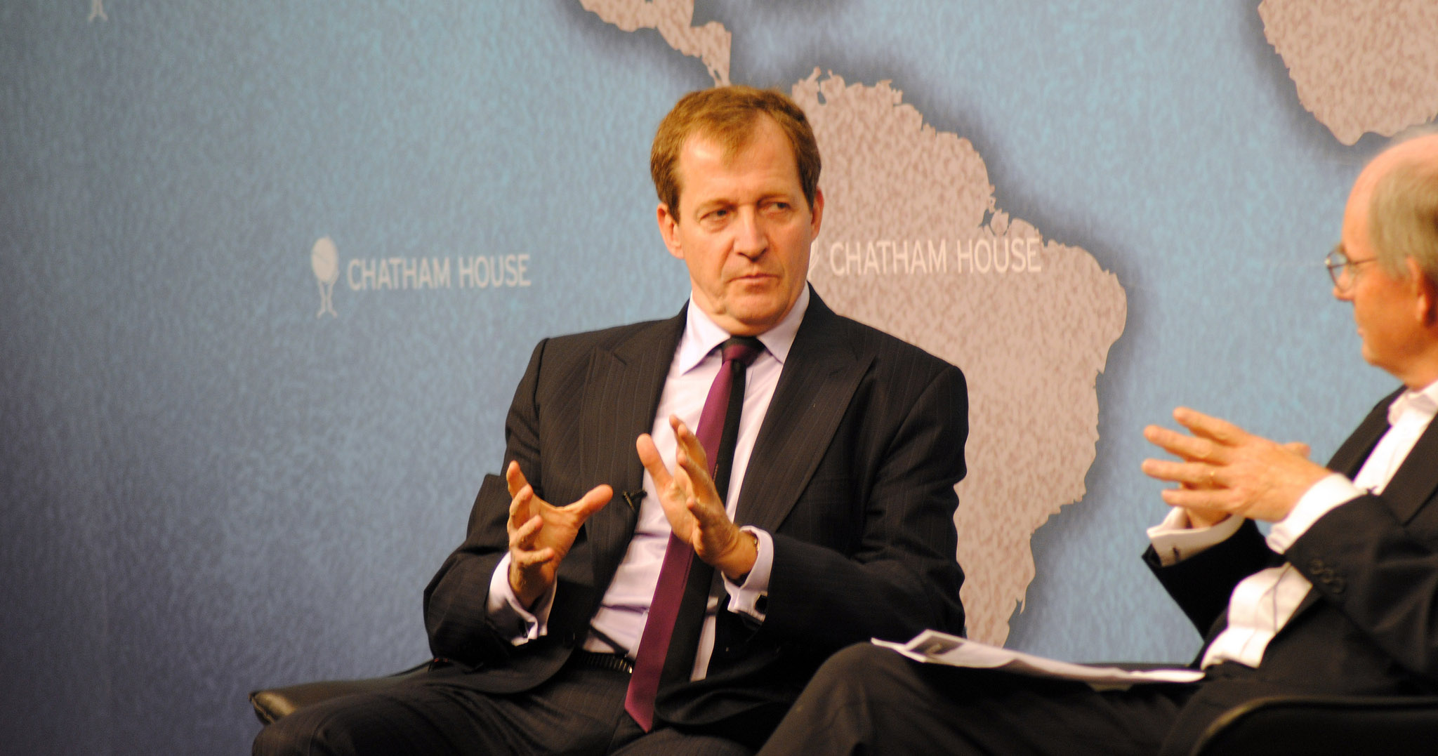 Alastair Campbell, Journalist; Director of Communications and Strategy, Number 10 (1997-2003) speaking to former MP Chris Mullin (right) at the Chatham house event E-Leadership: Political Communication in a Digital World, 17 October 2012