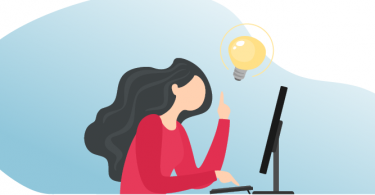 woman at computer with an idea bulb