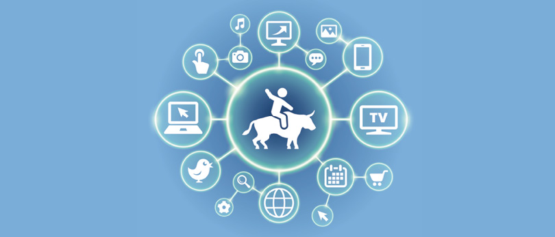 man riding bull connected to technology nodes