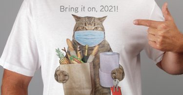 man wearing t-shirt of cat with covid precautions