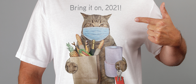 man wearing t-shirt of cat with covid precautions