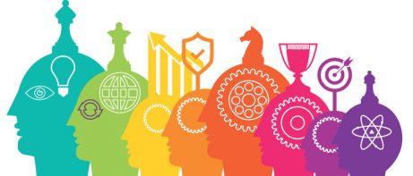 colorful heads with icons above