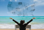 woman on beach looking at map with license plates
