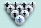 billiard balls with people with cue ball highlighted