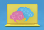 laptop with positive and negative idea bubbles