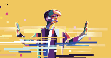 illustration of person in a virtual world with headset on