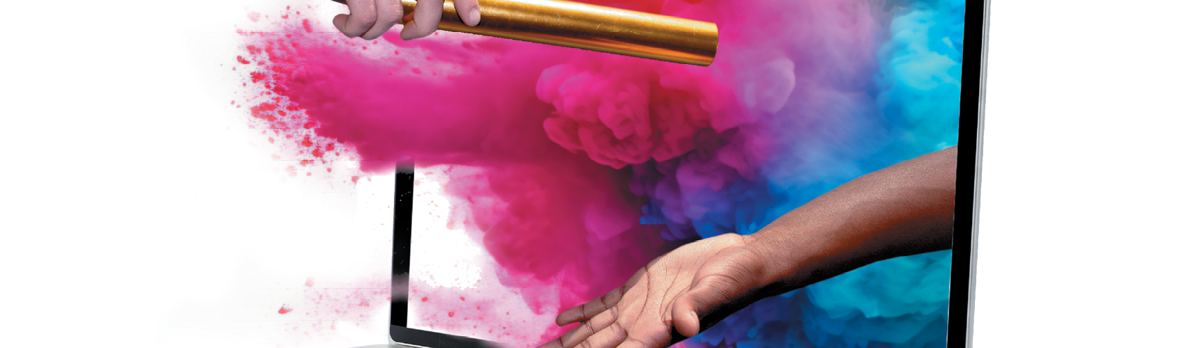 hands passing baton through computer with colorful dust