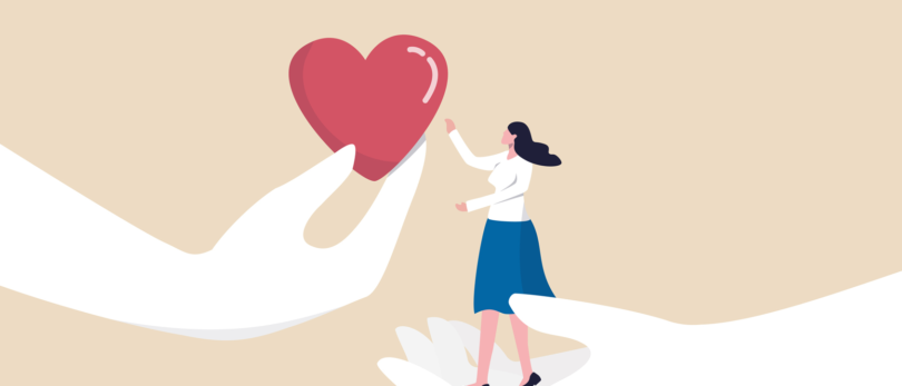 Illustration of woman standing on hand reaching for heart