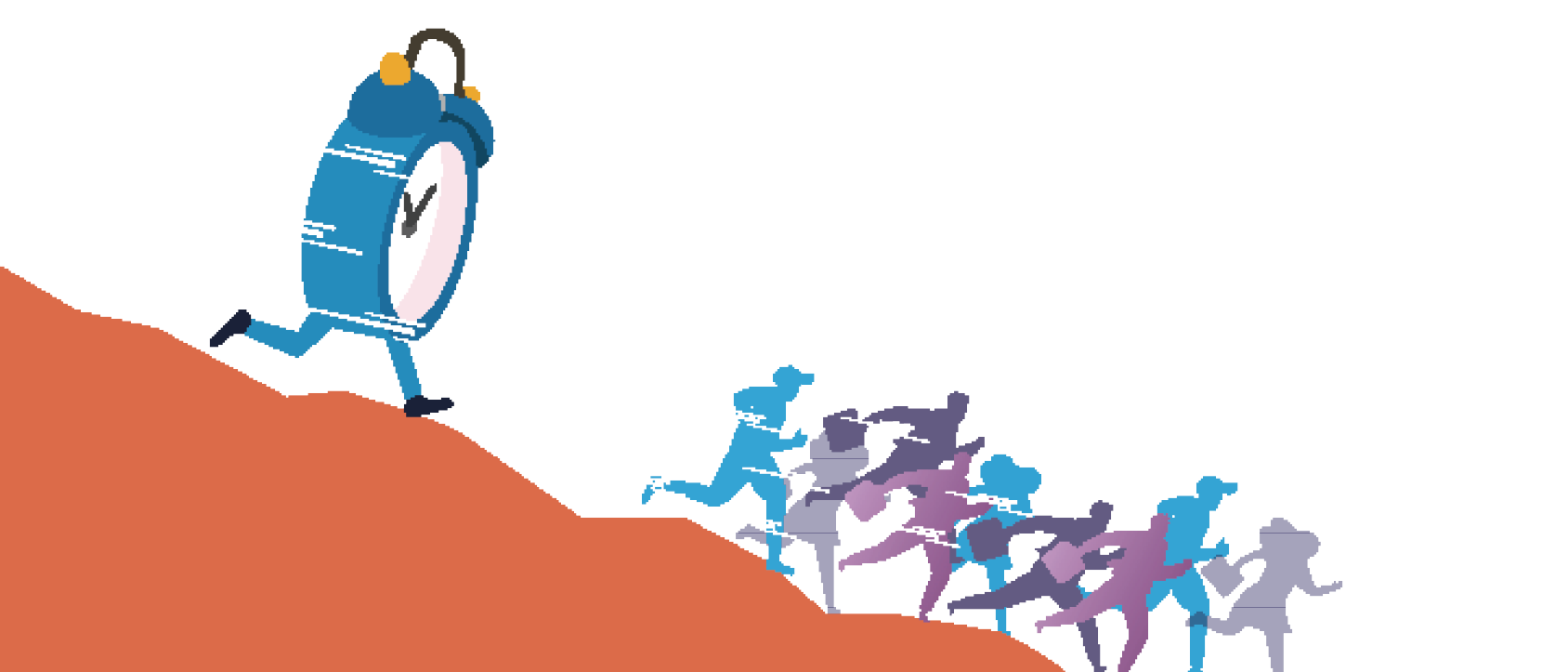 People running down a hill being chased by a large clock