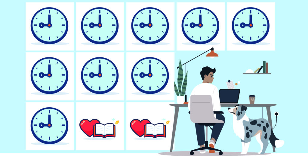 Illustration of man working at desk with a dog next to him and a series of clocks to remind him the importance of quieting the always on mind after work hours.