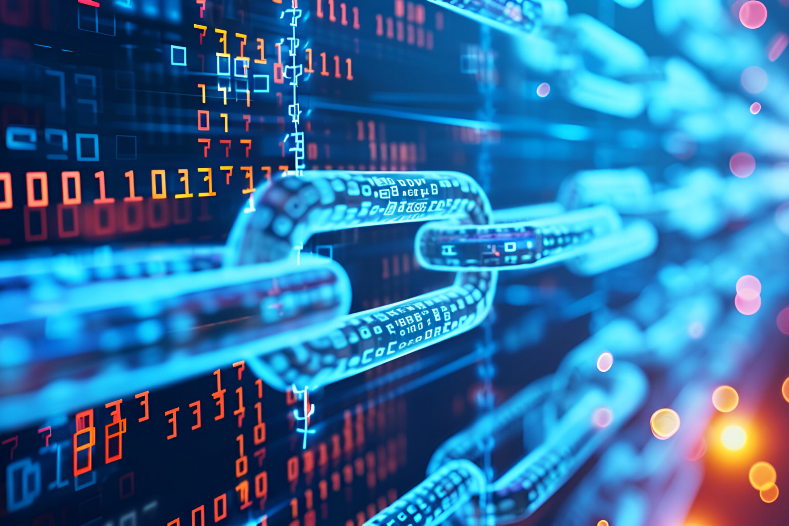 Close-up illustration of blockchain in real estate concept with illuminated chain links and data streams
